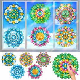 CAYUDEN Diamond Art Window Suncatcher, 6pcs Diamond Painting Window Sun Catchers for Children Mandala Stained Glass Window Stickers DIY Gem Art and Craft Kit Diamond Art Kits for Adults, Kids, Decor