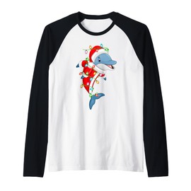 Dolphin Christmas Lights Santa Costume Cute Animal Xmas Raglan Baseball Tee