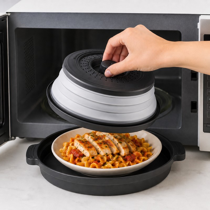 Collapsible Microwave Food Splatter Cover with Steam Vents – Foldable