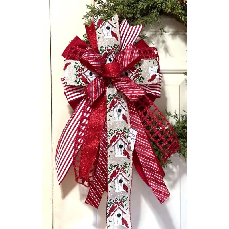 Regency 10 " CHRISTMAS BIRDHOUSE GLITTER STRIPE WIRED BOW DOOR