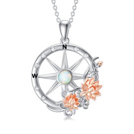 Compass Necklace with Lotus Flower 925 Sterling Silver Opal Inspirational Nautical Travel Compass Graduation Pendant Jewelry Gifts for Women friends