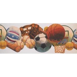 Baseball Basketball Tennis Soccer Ball Basket Glove Bat Sports Wallpaper Border Retro Design, Roll 15' x 9"