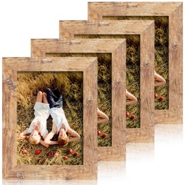 iRahmen 5x7 Picture Frame Set of 4, High Definition Real Glass Rustic Brown Frame, 5 x 7 Wood Photo Frames for Tabletop Display and Wall Mounting