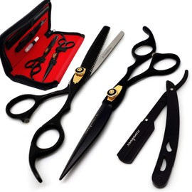 Saaqaans MSS-02 Professional Hair Cutting Scissors Set - Package includes Barber Scissor, Thinning Shear, Straight Razor, 10 x Double Edge Blades & Hair Comb in Stylish Scissors Case (Silver USA)