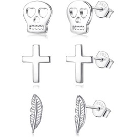 ORAZIO 3 Paare Niedliche Sterling Silber Ohrstecker Für Frauen Männer Hypoallergene 14K Vergoldet Schmetterling Stern Krone Kreuz Blatt Schädelkopf Ohrstecker Schmuck Set 2