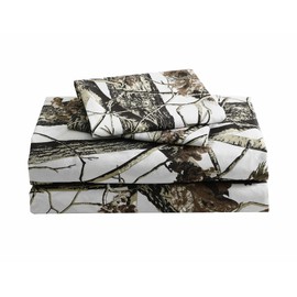 Chezmoi Collection Salem 4-Piece Cabin Lodge Forest Woods Sheet Set - Nature Camo Tree Leaves Printed Soft Microfiber Sheets - California King, White