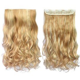 REECHO 20" 1-Pack 3/4 Full Head Curly Wave Blonde Mixed Hair Color Clips in on Synthetic Hair Extensions HE008 Hairpieces for Women 5 Clips 4.5 Oz per Piece - Medium Blonde with Highlights