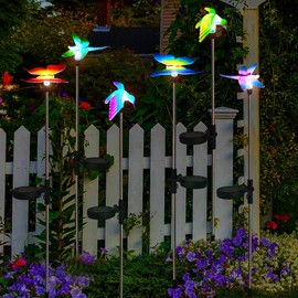 Paquete de 6 luces solares de estaca de jardín al aire última intervensión, estatuilla de patio, luz de estaca de flor de colibrí libélula mariposa para decoración de patio, patio, camino (jardín)