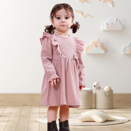 Dalukit Toddler Baby Girls Dress Long Sleeve Ruffle Dress for Baby Girls Casual Solid Corduroy Little Kids Winter Clothes Pink