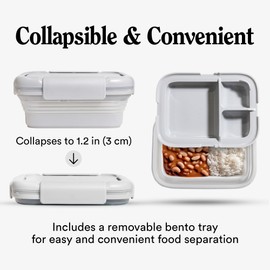STOJO Collapsible Bento Box, Reusable, Leak-Proof, Microwave & Dishwasher Safe, Premium Lunch Container with Divider – Space-Saving, Transparent Design (Cashmere, 2.75-Cup/650mL)