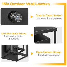 SIAFAVOI 15in Dusk to Dawn Outdoor Wall Sconce-Black Modern Exterior Lighting Fixture Waterproof Porch Lights Large Outside Lantern Wall Mounted for Coach Doorway Patio E26 Base