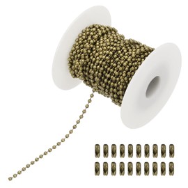 PATIKIL 10m/32.8ft Beaded Ball Chain, 2mm Stainless Steel Pull Chain Extension with 20 Pcs Connectors for Tag Chain, Keychain Rings, DIY Crafts, Bronze