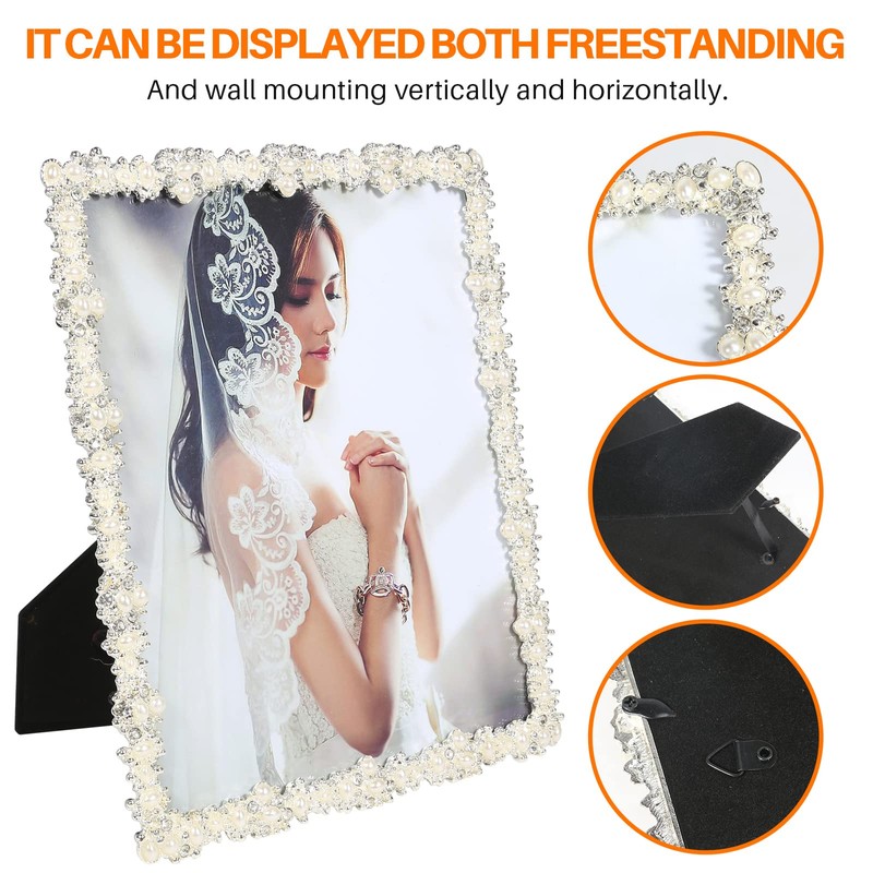 8x10 Picture Frame with Pearl for Wedding, Silver Plated Photo
