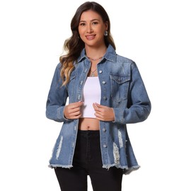 Allegra K Women's Denim Jackets Oversized Frayed Hem Pockets Long Sleeve Button Down Jean Jacket Small Blue
