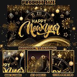 Happy New Year 2025 Banner, Black and Gold New Years Backdrop 2025 Happy New Year Decorations 2025 Banner Happy New Year Banner 2025 Nye Banner for New Years Eve Party Supplies 2025