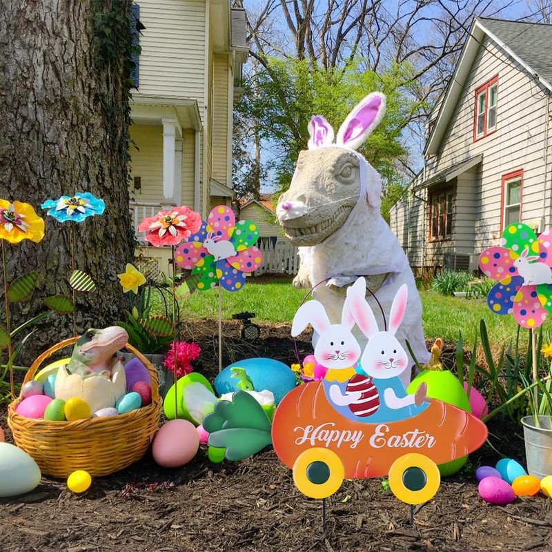 hogardeck Easter Decorations Outdoor, Metal Bunny Carrot Cart Decorative Garden
