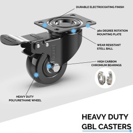 GBL 2" Heavy Duty Caster Wheels with 2 Brakes + Screws - up to 440Lbs - Set of 4 No Floor Marks Silent Castor for Furniture - Rubbered Trolley Wheels - Black Casters