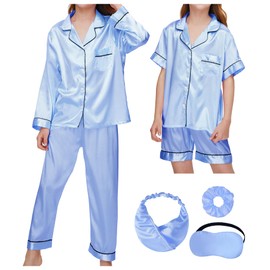 SEALINF Girl Silky Satin Pajamas Set 7 Piece kids Button Down Sleepwear with Eye Mask, Hairband, Hair Tie（Dusty Blue,160 ）