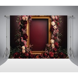 Kate Photography Backdrop 2.2 x 1.5 m Retro Red Art Flowers Background for Wedding Photo Gold Frame Photography Background Maternity Portrait Birthday Decor Photo Studio