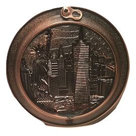 Vintage Metal New York Souvenir - Round Plate with Statue of Liberty, Empire State BLDG. Freedom Tower, Chrysler BLDG. Brooklyn Bridge & USA Flag (Copper)