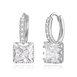 BriLove Square Cut Drop Stone Earrings, Cubic Zirconia Birthstone Huggie Hoop Dangle Earrings for Women Hypoallergenic Jewellry Gift Valentines Day Clear Silver-Tone