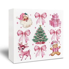 Kneaotoaji Pink Christmas Wooden Signs - Christmas Desk Signs 5x5, Pink Christmas Decor, Christmas Decorations, Merry Christmas Themed Signs for Home Table Desk Shelf Decor