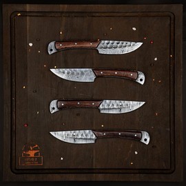 Morf Steelware Damascus Chef Knife 4 Pc Set - Premium Kitchen Knives for Outside BBQ Cooking - Rose Wood Handles - Free Leather Roll Included - Damascus Steel Blades - Perfect for Use