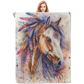 VANZEV Watercolor Horse Throw Blanket Gifts, Soft Cozy Fleece Blanket with Colorful Feather Mane Print, Blanket for Couch Bed Sofa, Perfect for Horse Lovers and Western Decor, 50x60 in