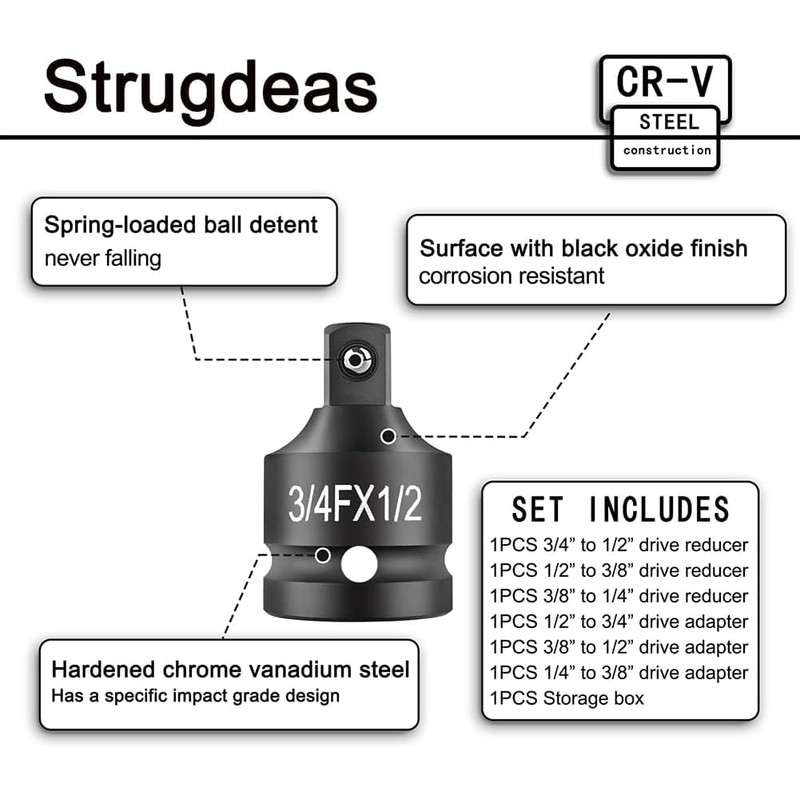 6 Piece Impact Socket Adapter and Reducer Set, 1/4" 3/8"