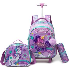Meetbelify Unicorn Rolling Backpack with Wheels for Elementary Student Kids Wheels Trolley Trip Luggage with Lunch Bag Pencil Case for Girls Ages 6-8