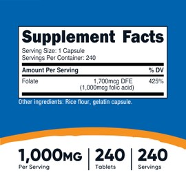 Nutricost Folic Acid (Vitamin B9) 1000 mcg, 240 Capsules (3 Bottles)