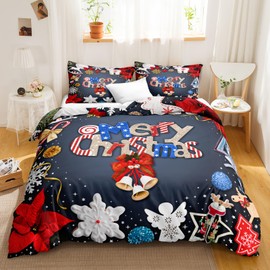 Bedorm Merry Christmas Duvet Cover Set Snowflake Deer Bedding King Red Flower Gold Snowflake Xmas Tree Bow Knot Christmas Bedding Decorative Quilt Cover