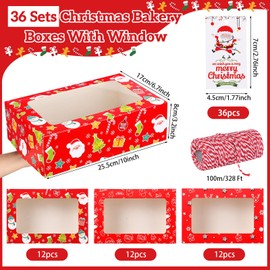 Fulmoon 36 Pcs Christmas Cookie Boxes with Window Xmas Bakery Boxes 10x6.7x3.2'' Donut Cookie Gift Containers with Thank You Gift Tag and Rope for Holiday Cupcake Pastries Food Packaging (Classic)
