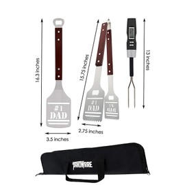 Panoware BBQ Grill Tools Set Gift for Dad, 4 Piece Set, Number 1 Dad Tongs, Spatula, Digital Thermometer and Case