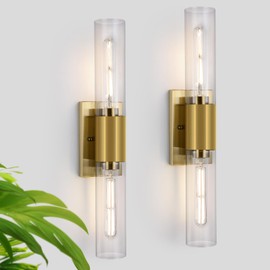 Wall Sconces Set of Two, Gold Bathroom Sconces Wall Lighting with Clear Glass Modern Sconces Wall Decor Set of 2 Bathroom Light Fixtures Vanity Light for Mirror Bedroom Washroom Hallway