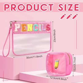 SUILU 2 Pcs Cosmetic Makeup Bag with Chenille Letter Patch,with Handles PVC Waterproof Clear Makeup Bag,Portable Toiletry Storage Bag, Pencils, 15.8 x 22 inches
