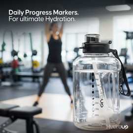 HYDROUP Sport Jug 58oz – Large Clear Plastic Water Jug with 2-in-1 Straw & Chug Lid, Motivational Time Markers, BPA-Free, Leakproof