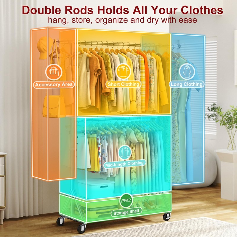 100% Stainless Steel Heavy Duty Clothes Rack Load 860LBS, Rolling