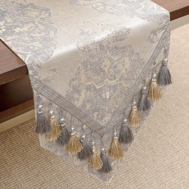 TOPLUXE Table Runner with Tassels, Jacquard Tablecloth for Dining Table, Holiday, Party, Living Room Decoration (33 x 274 cm, Beige)