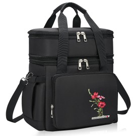 Gafetrey Lunch Box Bag for Women - Insulated Lunch Bag: Expandable Double Cooler Bag - Reusable Adult Lunchbox with Black Flower, 22L
