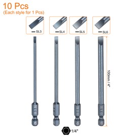 sourcing map 4pcs SL3 SL4 SL5 SL6 Magnetic Slotted Screwdriver Bits S2 Steel Flat Head Screwdriver Bit 1/4" Hex Shank Screw Driver Drill Bits 100mm (4") Long for Screws