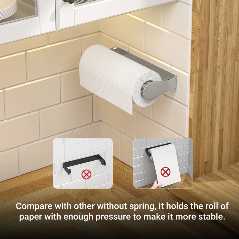 Paper Towel Holder Under Cabinet, Wall Mount, One-Handed Tear, Stainless