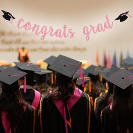 Pink Glitter Congrats Grad Banner for Graduation Decorations, Class of 2025 Garland Decor, High School/College/University Graduation Party Decorations