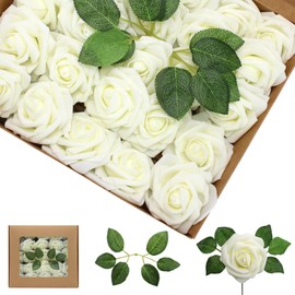 WANTMAZOR Artificial Flowers Milk White Roses 50PCS Real Looking Foam Fake Roses with Leaves and for DIY Wedding Bouquets Bridal Shower Centerpieces Party Decorations (Ivory)