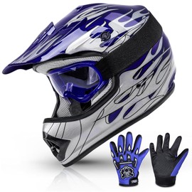 TCMT DOT Certified Youth Blue Flame Dirt Bike ATV MX Motocross Offroad Street Motorcycle Helmet Goggles Gloves (XL)