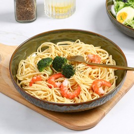 Sureasy Pasta Bowls Set of 4-30oz Large Ceramic Embossed Bowl Plates, 8.5 Inch Wide and Shallow Plate Bowls, Salad Bowl, Microwave, Oven & Dishwasher Safe, Green