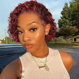 Pixie Cut  99J Color Lace Wig Spring Curl Short  Human Hair Wig for Women Brazilian Burgundy Pixie Cut Wig 6inchcolor: 13*1 99 j curly Pixie Cut Wig, stretched length: 6 Inches, Lace Size: 13x1