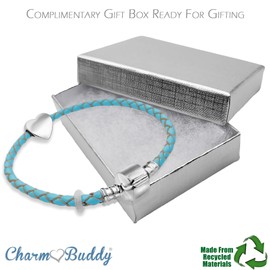 19cm Ladies Womens Leather Starter Charm Bracelet with Silver Heart and Gift Box Size Small (Blue)