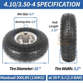 GICOOL 4.10/3.50-4" Tire and Wheel, 10" Pneumatic Tire, with 2.25" Offset Hub, 5/8" Axle Bore Hole, Sealed Bearings, for Hand Truck Trolley Dolly Garden Wagon Cart Wheel Replacement, 2 Pack
