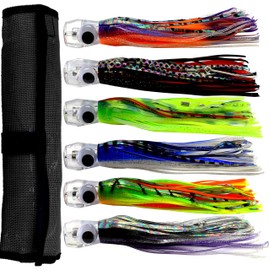 OCEAN CAT Copper Head Saltwater Trolling Lures Set Deep Sea Fishing Lure Rigged Circle Hook 6.5 in/8.5 in Skirts for Catching Mahi, Tuna, Wahoo and Big Game Fishes(6 inch-6pcs/Bag)